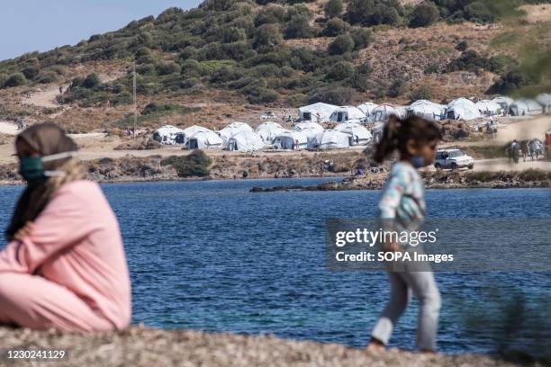 View of the new Kara Tepe camp from the sea side in Lesbos. The new camp Kara Tepe, also known as Moria 2.0, is a temporary tent construction that...