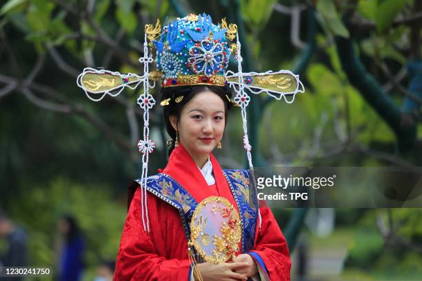 People wear the traditional Han clothes to welcome the solar term winter solstice festival on 20th December, 2020 in Fuzhou,Fujian,China