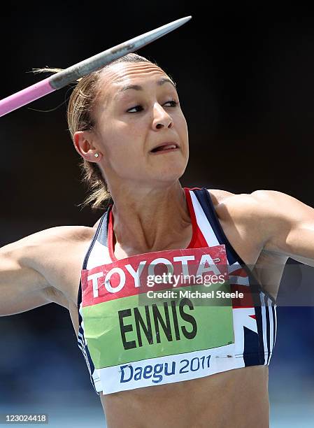 Jessica Ennis of Great Britain competes in the javelin throw in the women's heptathlon during day four of the 13th IAAF World Athletics Championships...