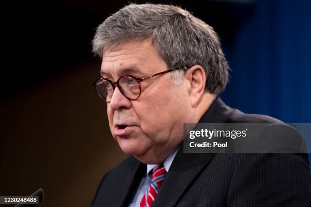 Attorney General Bill Barr holds a news conference to provide an update on the investigation of the terrorist bombing of Pan Am flight 103 on the...