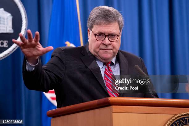 Attorney General Bill Barr holds a news conference to provide an update on the investigation of the terrorist bombing of Pan Am flight 103 on the...