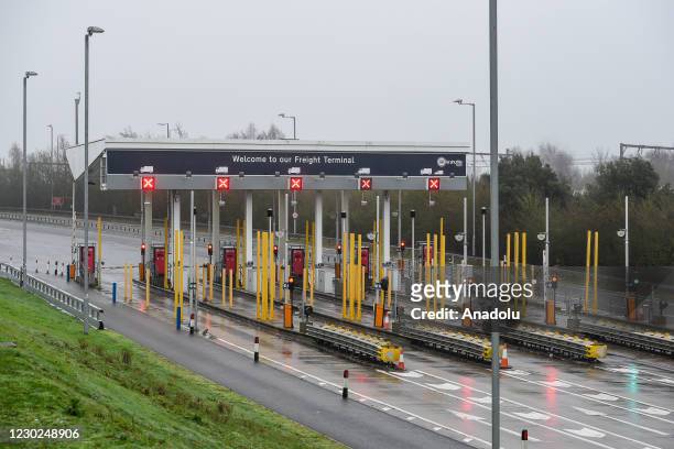 The Eurotunnel freight terminal closed is deployed in Folkestone, Kent, United Kingdom on December 21, 2020 after queues began to form in Dover...