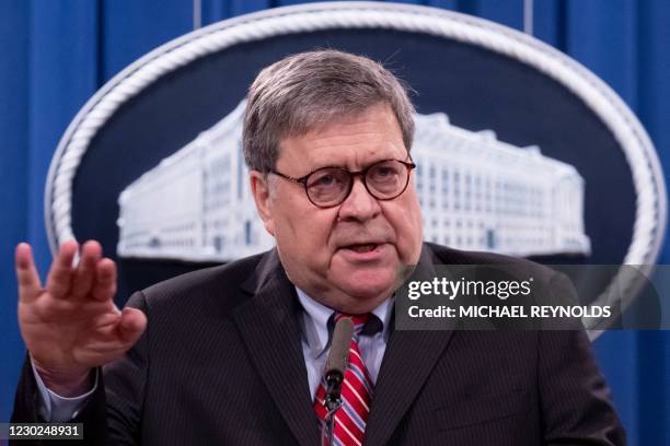 Attorney General William Barr speaks during a news conference to provide an update on the investigation of the terrorist bombing of Pan Am flight 103...