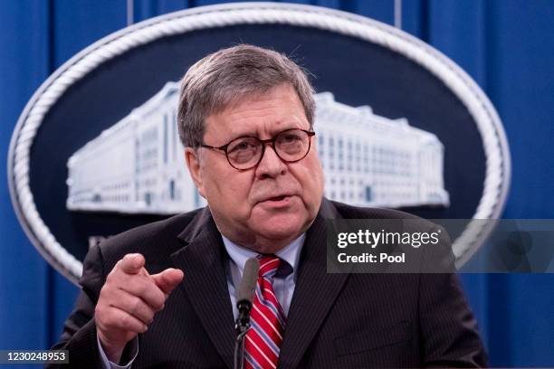 Attorney General Bill Barr holds a news conference to provide an update on the investigation of the terrorist bombing of Pan Am flight 103 on the...