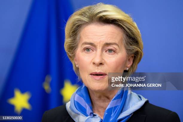 European Commission President Ursula von der Leyen gives a press statement after the European Medicines Agency gave the green light to European...