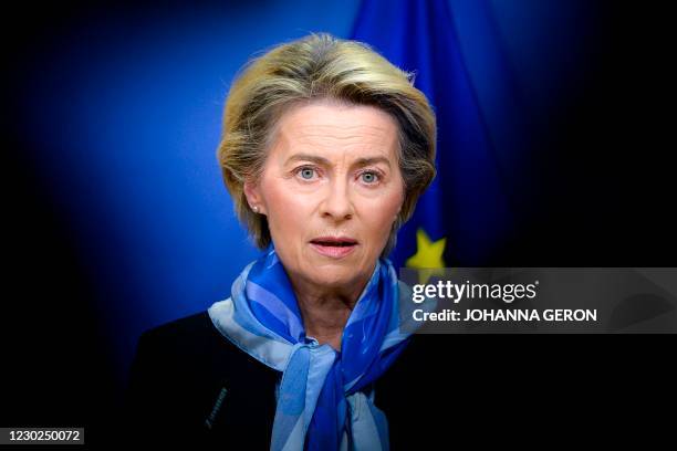 European Commission President Ursula von der Leyen gives a press statement after the European Medicines Agency gave the green light to European...