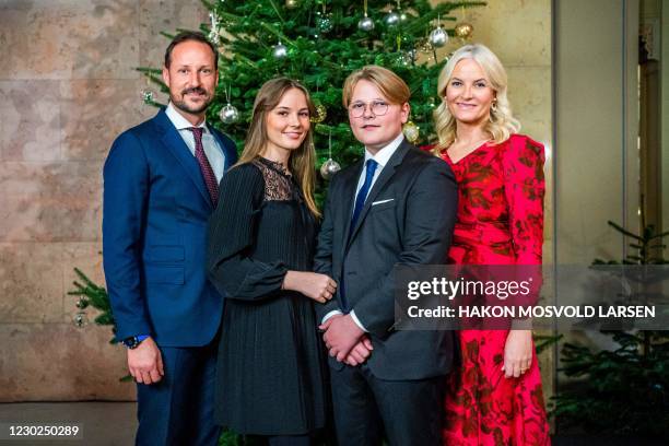 Crown Prince Haakon of Norway , Princess Ingrid Alexandra of Norway , Prince Sverre Magnus of Norway and Crown Princess Mette-Marit of Norway stand...