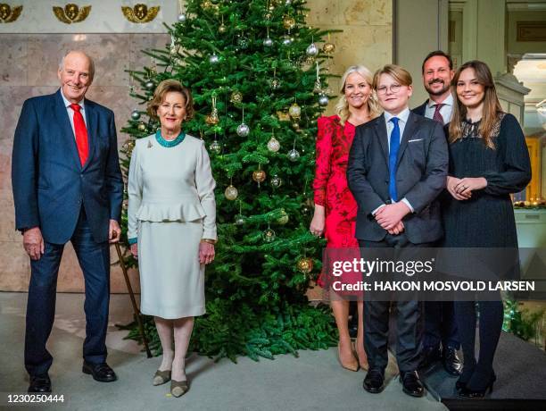 The Norwegian royal family poses for Christmas photograph in the Royal Palace in Oslo, on December 15, 2020 as King Harald V of Norway and Queen...