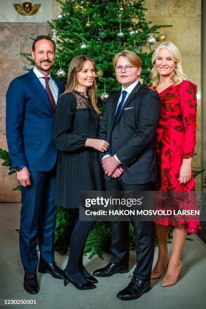 Crown Prince Haakon of Norway , Princess Ingrid Alexandra of Norway , Prince Sverre Magnus of Norway and Crown Princess Mette-Marit of Norway stand...