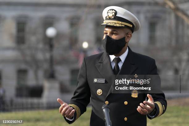 Vice Admiral Jerome Adams, U.S. Surgeon General, speaks to members of the media outside the White House in Washington, D.C., U.S., on Monday, Dec....