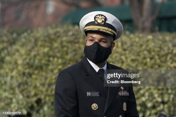 Vice Admiral Jerome Adams, U.S. Surgeon General, speaks to members of the media outside the White House in Washington, D.C., U.S., on Monday, Dec....