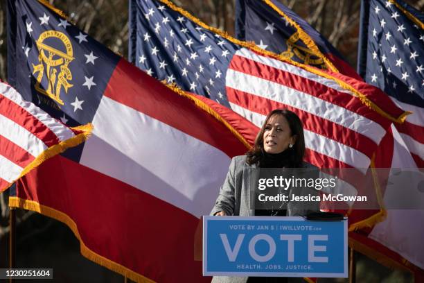 Vice President-elect Kamala Harris campaigns in support of Georgia Democratic Senate candidates Rev. Raphael Warnock and Jon Ossoff during a drive-in...