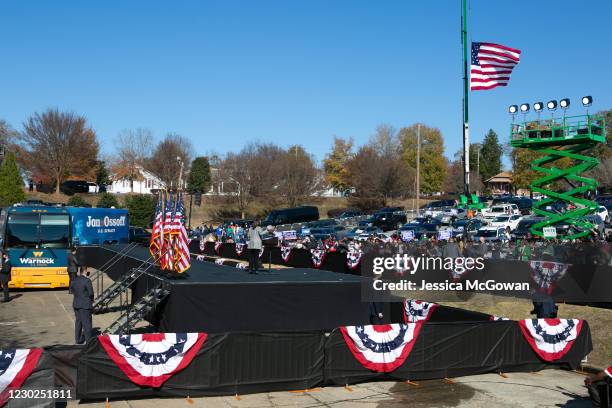 Vice President-elect Kamala Harris campaigns in support of Georgia Democratic Senate candidates Rev. Raphael Warnock and Jon Ossoff during a drive-in...