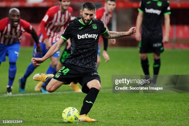 Borja Baston of Leganes scores penalty during the La Liga SmartBank match between Sporting Gijon v Leganes at the El Molinon stadium on December 21,...