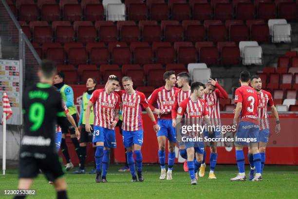 Uros Djuka of Real Sporting de Gijon celebrates 1-0 with Javi Fuego of Real Sporting de Gijon, Pedro Diaz of Real Sporting de Gijon, Jose Gragera of...