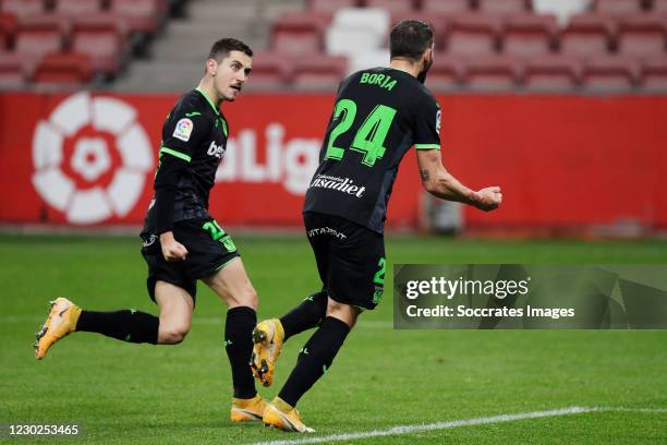 Borja Baston of Leganes celebrates 1-1 with Javi Hernandez of Leganes during the La Liga SmartBank match between Sporting Gijon v Leganes at the El...