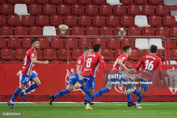 Uros Djuka of Real Sporting de Gijon celebrates 1-0 with Javi Fuego of Real Sporting de Gijon, Pedro Diaz of Real Sporting de Gijon, Jose Gragera of...