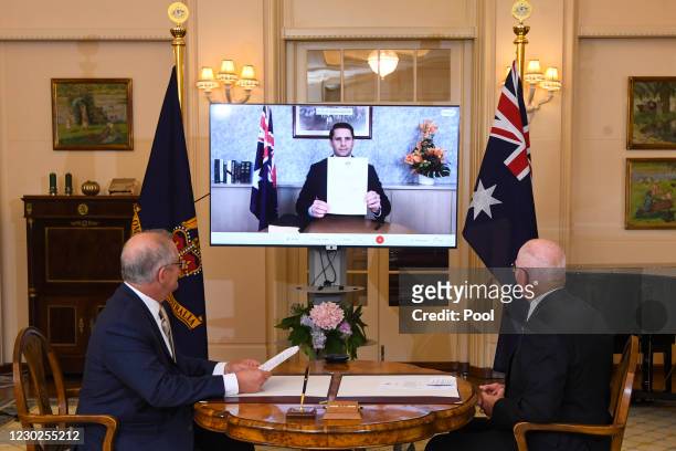 Australian Prime Minister Scott Morrison and Australian Governor-General David Hurley attend as Andrew Hastie MP is sworn-in as Assistant Minister...