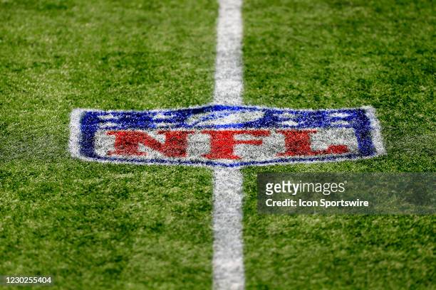An NFL logo on the field during the Week 15 NFL game between the Atlanta Falcons and the Tampa Bay Buccaneers on December 20, 2020 at Mercedes-Benz...