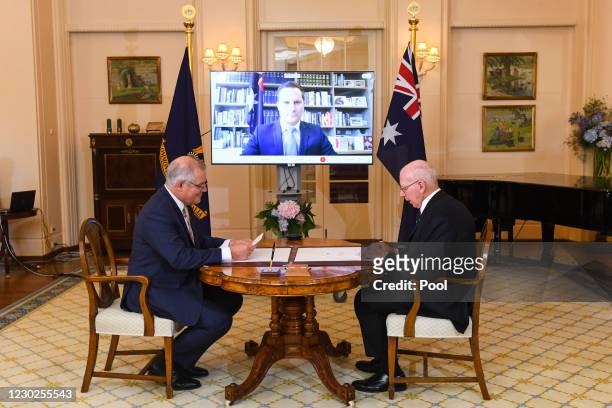 Australian Prime Minister Scott Morrison and Australian Governor-General David Hurley attend as Alex Hawke MP is sworn-in as Minister for Immigration...