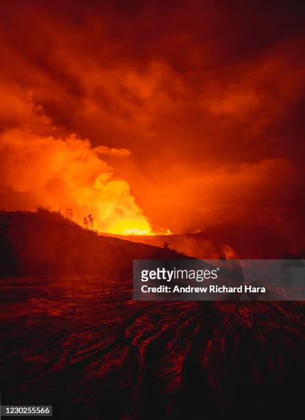 Gas and steam erupt from the Halemaumau Crater of the Kilauea Volcano on December 21, 2020 in Hawaii Volcanoes National Park, Hawaii. The Kilauea...