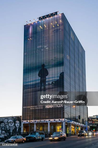 General views of the HBO skyscraper billboard above the Sunset Strip promoting HBO Max's new show 'Murder on Middle Beach' on December 21, 2020 in...