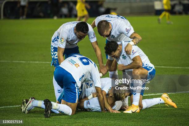 Fran Sol of CD Tenerife celebrate a goal during the Liga SmartBank match between CD Tenerife and Girona FC at Heliodoro Stadium in Tenerife, Spain.