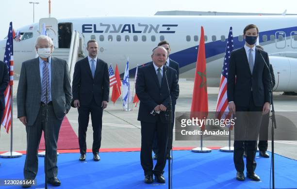 Presidential Adviser Jared Kushner , Israeli National Security Council Head, Meir Ben Shabbat and US Ambassador to Israel David Friedman are seen as...