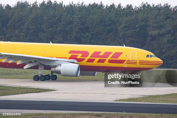 Airbus A300 DHL - EAT Leipzig cargo freight aircraft as seen taxiing, departing and flying from Eindhoven Airport EIN EHEH. The wide-body Airbus...