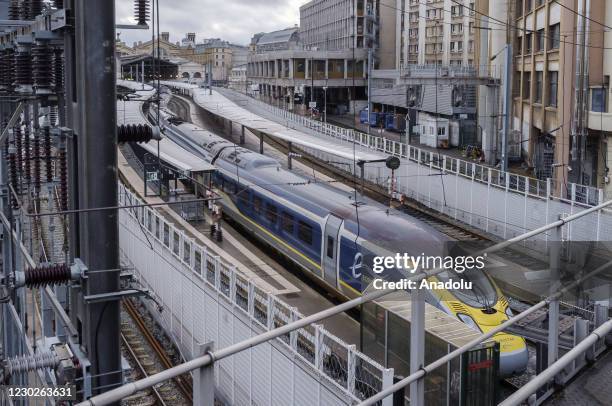 Eurostar, international high-speed rail service connecting the United Kingdom with France, Belgium and the Netherlands, is seen at a station after...