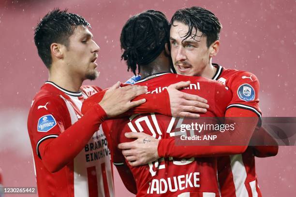 Noni Madueke of PSV Eindhoven, Adrian Fein or PSV Eindhoven celebrate the 4-1 during the Dutch Eredivisie match between PSV Eindhoven and VVV-Venlo...