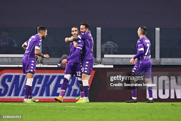 Martin Caceres of Fiorentina celebrates 0-3 with Cristiano Biraghi of Fiorentina, Franck Ribery of Fiorentina, Gaetano Castrovilli of Fiorentina...