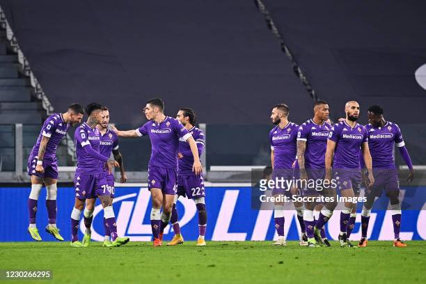 Martin Caceres of Fiorentina celebrates 0-3 with team during the Italian Serie A match between Juventus v Fiorentina at the Allianz Stadium on...
