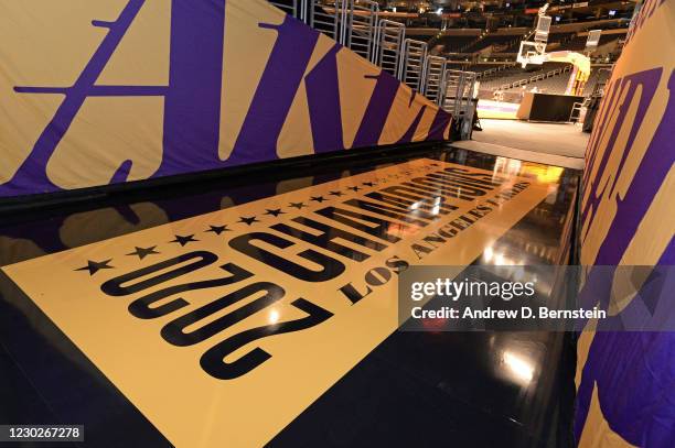 An overall view of the tunnel players run out with the 2020 Los Angeles Lakers Championship court signage before the LA Clippers game against the Los...