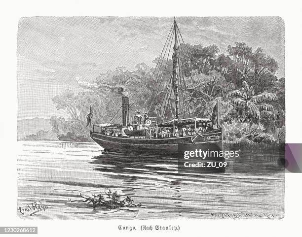 a steamship on the congo river, wood engraving, published 1891 - congo landscape stock illustrations