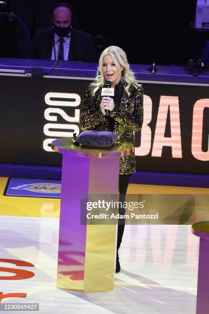 President of the Los Angeles Lakers, Jeanie Buss speaks during the 2019-20 NBA Championship ring ceremony before the game against the LA Clippers on...