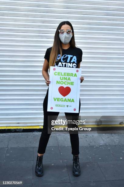 Mexican actress Sofia Sisniega poses for photos during the delivery vegan Christmas dinner; With the support of the Animal Heroe association, the...