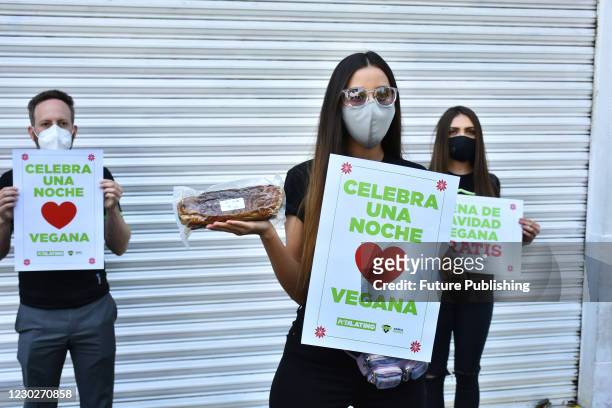 Mexican actress Sofia Sisniega poses for photos during the delivery vegan Christmas dinner; With the support of the Animal Heroe association, the...