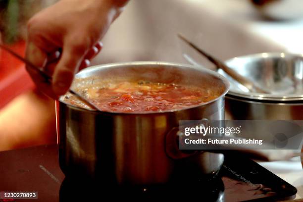 Pot of borscht is pictured during the Culinary Battle event to support the Culture of Cooking Ukrainian Borscht nomination in its inclusion into...