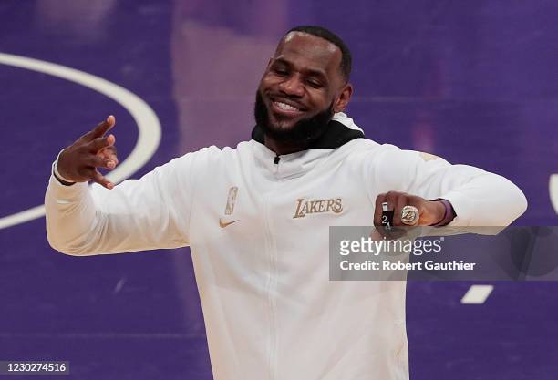 Los Angeles, CA, Tuesday, December 22, 2020 - Los Angeles Lakers forward LeBron James exults after receiving his championship ring during an on court...