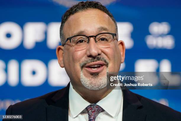 Miguel Cardona speaks after President-Elect Joe Biden announced him as his nominee for Education Secretary at the Queen theatre on December 23, 2020...