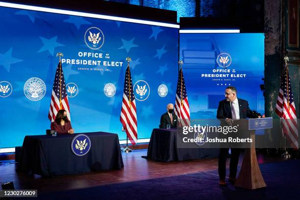 Miguel Cardona speaks after President-Elect Joe Biden announced him as his nomination for Education Secretary at the Queen theatre on December 23,...