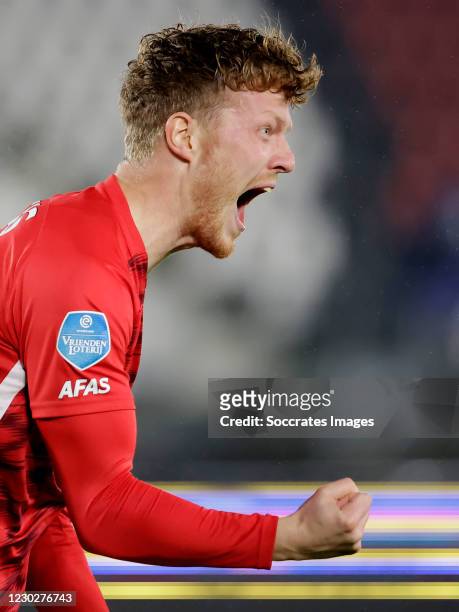 Ferdy Druijf of AZ Alkmaar celebrates 3-1 during the Dutch Eredivisie match between AZ Alkmaar v Vitesse at the AFAS Stadium on December 23, 2020 in...