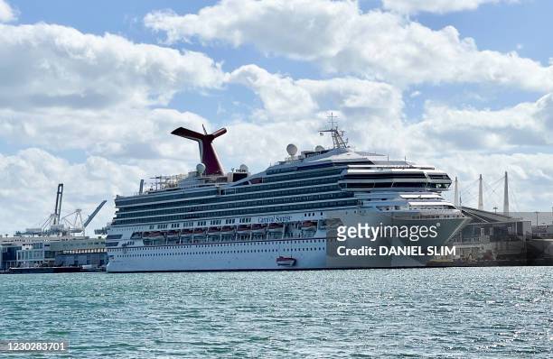 The cruise ship "Carnival Sunrise" part of the Carnival Cruise Line, is seen moored at a quay in the port of Miami, Florida, on December 23 amid the...