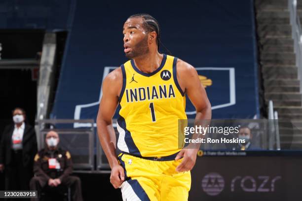 Warren of the Indiana Pacers looks on during the game against the New York Knicks on December 23, 2020 at Bankers Life Fieldhouse in Indianapolis,...