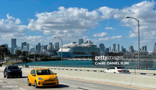 The cruise ship "The Harmony of the Seas" part of the Royal Caribbean International fleet, is seen moored at a quay in the port of Miami, Florida, on...