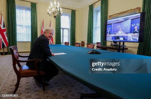 British Prime Minister Boris Johnson speaks to President of the European Commission Ursula von der Leyen via video link from the Cabinet room after...