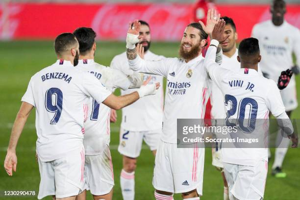 Karim Benzema of Real Madrid, Marco Asensio of Real Madrid, Vinicius Junior of Real Madrid, Sergio Ramos of Real Madrid celebrate the victory during...
