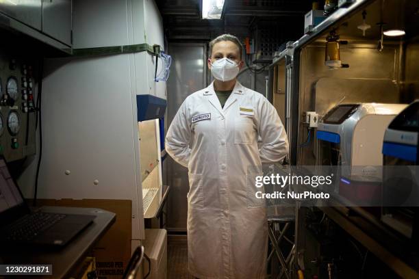 Portrait of a military medical operator of the Italian army, inside the analysis laboratory of the covid military field hospital in Cosenza, on...