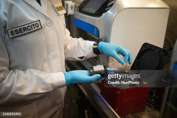 Military medical operator of the Italian Army, inside the analysis laboratory of the covid military field hospital in Cosenza, on December 24, 2020....